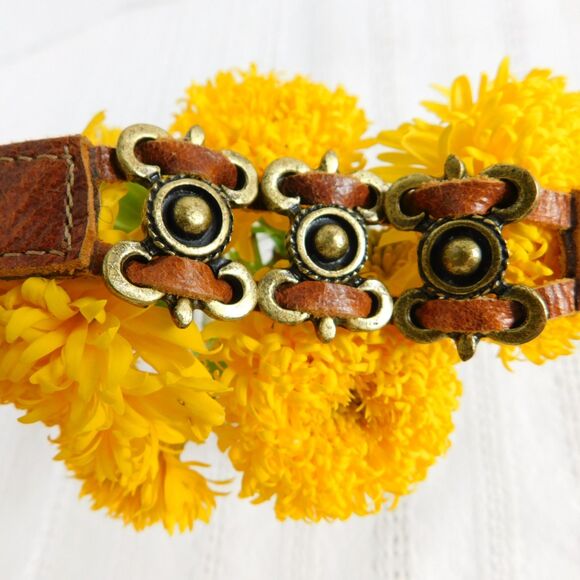 Leatherock USA Brass Genuine Leather Bracelet Cuff Marked LR Brown 7.5" EUC - Picture 9 of 13